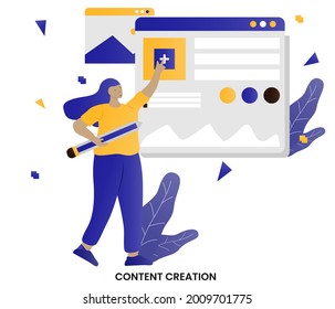 CONTENT CREATION - digital content creation and management concept, Women adding information on website. internet publication, publishing data online. Flat vector illustration