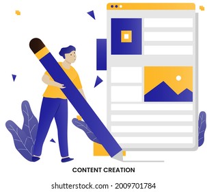CONTENT CREATION - digital content creation and management concept, Man adding information on website. internet publication, publishing data online. Flat vector illustration