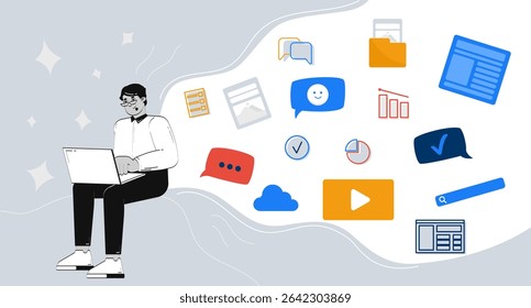 Content creation in digital marketing 2D illustration concept. Productivity analysis. Remote job. Multitasking laptop user cartoon conceptual abstract vector art. Flat metaphor on grey background