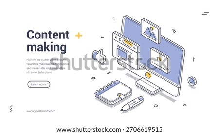 Content creation and digital multimedia production banner with monitor and editing tools. Modern online publishing template for website landing page. Isometric web banner vector template