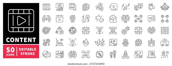 Content creation editable line icons set. blogging and media symbols