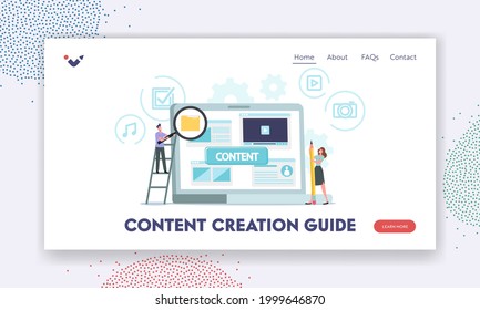 Content Creation Guide Landing Page Template. Characters at Huge Laptop Creating Smm Media Blog or Digital Marketing. Vloggers, Writers or Copywriters Writing Text. Cartoon People Vector Illustration