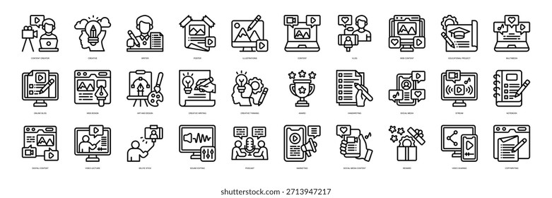 Content Creation icon collection line style. containing Content Creator, Creative, Writer, Poster, Illustrations, Content, Vlog, Web Content, digital, technology, digital marketing