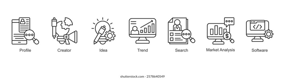 Content Creation Icon profile, creator, idea, trend, search, market analysis, software