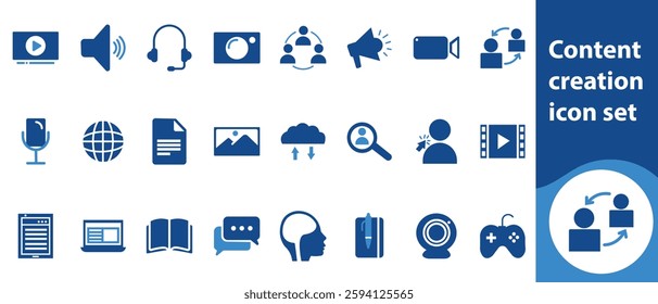 Content creation icon set, business, set, vector, web, media, icon, like, sign, next track, shuffle, picture frame, fast forward, visual storytelling, speaker, volume down and more