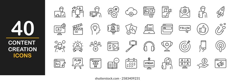 Content creation icon set. Containing symbols writing, ebook, video player, creator, copywriting and more. Media content with focus on writing, blogging, photography, learning and marketing