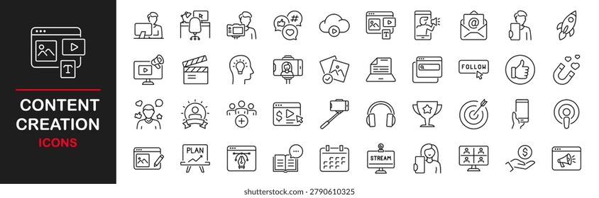Content creation icon set. Containing symbols writing, ebook, video player, creator, copywriting and more. Media content with focus on writing, blogging, photography, learning and marketing