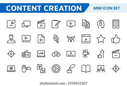 Conjunto de iconos de creación de contenido. Iconos creativos y versátiles para bloggers, vloggers y creadores digitales, perfectos para mejorar las herramientas de edición, App de redes sociales y proyectos multimedia.