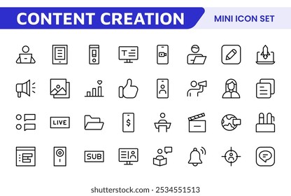 Conjunto de iconos de creación de contenido. Iconos creativos y versátiles para bloggers, vloggers y creadores digitales, perfectos para mejorar las herramientas de edición, App de redes sociales y proyectos multimedia.