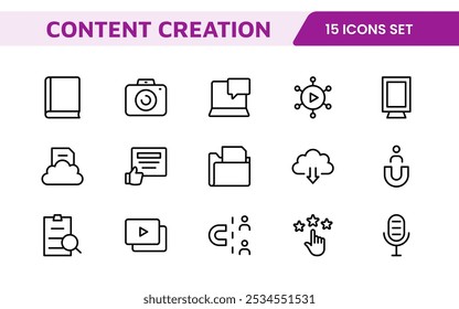 Conjunto de iconos de creación de contenido. Iconos creativos y versátiles para bloggers, vloggers y creadores digitales, perfectos para mejorar las herramientas de edición, App de redes sociales y proyectos multimedia.