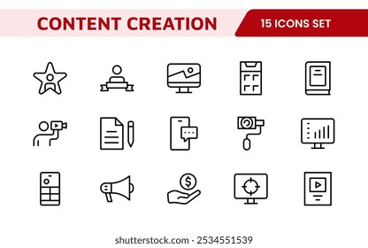 Conjunto de iconos de creación de contenido. Iconos creativos y versátiles para bloggers, vloggers y creadores digitales, perfectos para mejorar las herramientas de edición, App de redes sociales y proyectos multimedia.