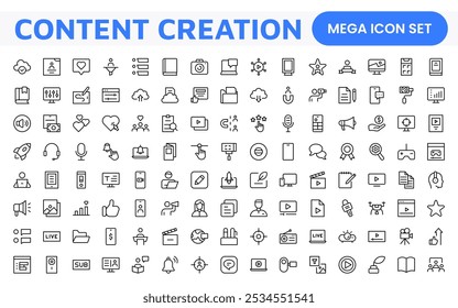 Conjunto de iconos de creación de contenido. Iconos creativos y versátiles para bloggers, vloggers y creadores digitales, perfectos para mejorar las herramientas de edición, App de redes sociales y proyectos multimedia.