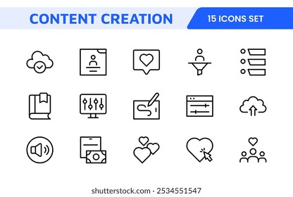 Conjunto de iconos de creación de contenido. Iconos creativos y versátiles para bloggers, vloggers y creadores digitales, perfectos para mejorar las herramientas de edición, App de redes sociales y proyectos multimedia.