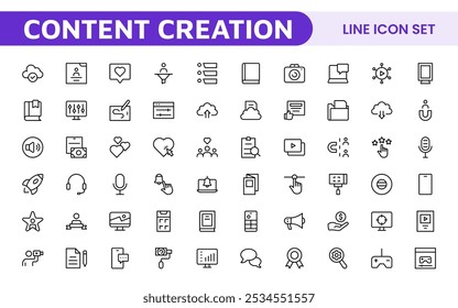 Conjunto de iconos de creación de contenido. Iconos creativos y versátiles para bloggers, vloggers y creadores digitales, perfectos para mejorar las herramientas de edición, App de redes sociales y proyectos multimedia.