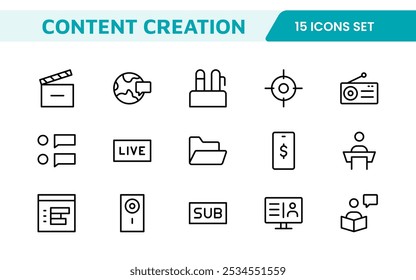 Conjunto de iconos de creación de contenido. Iconos creativos y versátiles para bloggers, vloggers y creadores digitales, perfectos para mejorar las herramientas de edición, App de redes sociales y proyectos multimedia.