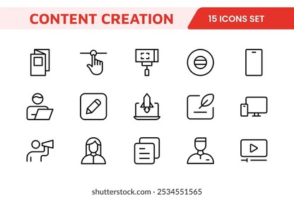 Conjunto de iconos de creación de contenido. Iconos creativos y versátiles para bloggers, vloggers y creadores digitales, perfectos para mejorar las herramientas de edición, App de redes sociales y proyectos multimedia.