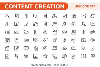 Conjunto de iconos de creación de contenido. Iconos creativos y versátiles para bloggers, vloggers y creadores digitales, perfectos para mejorar las herramientas de edición, App de redes sociales y proyectos multimedia.