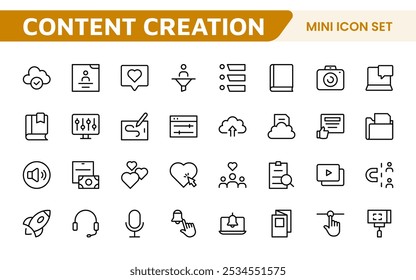 Content Creation Icon Set. Creative and versatile icons for bloggers, vloggers, and digital creators, perfect for enhancing editing tools, social media apps, and multimedia projects.