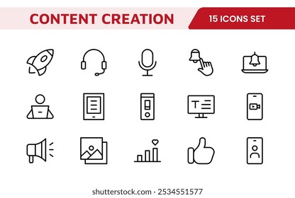 Conjunto de Ícones de Criação de Conteúdo. Ícones criativos e versáteis para blogueiros, videologgers e criadores digitais, perfeitos para aprimorar ferramentas de edição, aplicativos de mídia social e projetos multimídia.