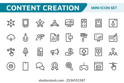 Conjunto de iconos de creación de contenido. Iconos creativos y versátiles para bloggers, vloggers y creadores digitales, perfectos para mejorar las herramientas de edición, App de redes sociales y proyectos multimedia.