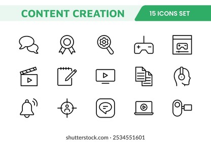 Conjunto de iconos de creación de contenido. Iconos creativos y versátiles para bloggers, vloggers y creadores digitales, perfectos para mejorar las herramientas de edición, App de redes sociales y proyectos multimedia.