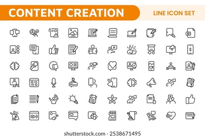 Conjunto de iconos de creación de contenido. Iconos creativos y versátiles para bloggers, vloggers y creadores digitales, perfectos para mejorar las herramientas de edición, App de redes sociales y proyectos multimedia.