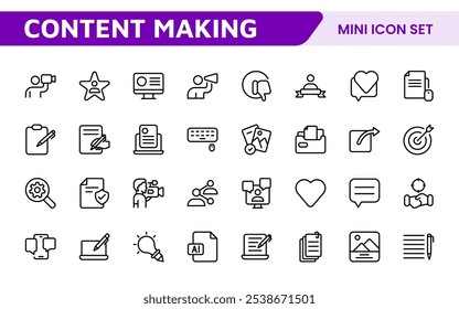 Content Creation Icon Set. Creative and versatile icons for bloggers, vloggers, and digital creators, perfect for enhancing editing tools, social media apps, and multimedia projects.