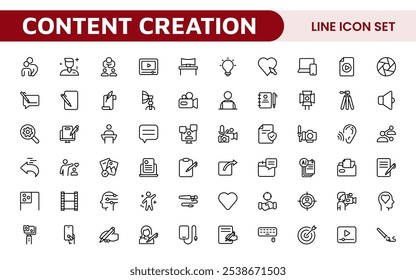 Conjunto de iconos de creación de contenido. Iconos creativos y versátiles para bloggers, vloggers y creadores digitales, perfectos para mejorar las herramientas de edición, App de redes sociales y proyectos multimedia.