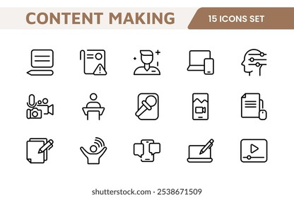 Conjunto de iconos de creación de contenido. Iconos creativos y versátiles para bloggers, vloggers y creadores digitales, perfectos para mejorar las herramientas de edición, App de redes sociales y proyectos multimedia.