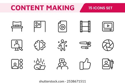 Conjunto de iconos de creación de contenido. Iconos creativos y versátiles para bloggers, vloggers y creadores digitales, perfectos para mejorar las herramientas de edición, App de redes sociales y proyectos multimedia.