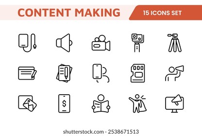 Conjunto de iconos de creación de contenido. Iconos creativos y versátiles para bloggers, vloggers y creadores digitales, perfectos para mejorar las herramientas de edición, App de redes sociales y proyectos multimedia.