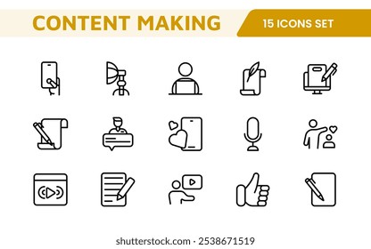 Conjunto de iconos de creación de contenido. Iconos creativos y versátiles para bloggers, vloggers y creadores digitales, perfectos para mejorar las herramientas de edición, App de redes sociales y proyectos multimedia.