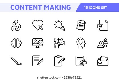 Conjunto de iconos de creación de contenido. Iconos creativos y versátiles para bloggers, vloggers y creadores digitales, perfectos para mejorar las herramientas de edición, App de redes sociales y proyectos multimedia.