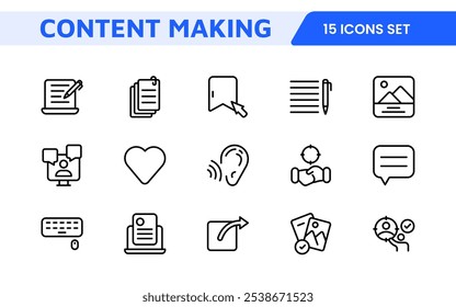 Conjunto de iconos de creación de contenido. Iconos creativos y versátiles para bloggers, vloggers y creadores digitales, perfectos para mejorar las herramientas de edición, App de redes sociales y proyectos multimedia.