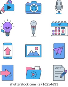 Conjunto de ícones de criação de conteúdo, Mídia, Upload, Mensagens e Ferramentas criativas. Ícone de vetor plano definido para criação de conteúdo e mídia digital, apresentando reprodução de vídeo, câmera, microfone, ideia de lâmpada, calendário, seta de carregamento, galeria de imagens, mensagem de plano de papel, mídia de pasta e documento de rascunho. Perfeito para mídias sociais, blogs, marketing, design de interface do usuário, aplicativos móveis, painéis e visuais de fluxo de trabalho criativo.