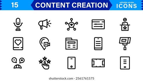 Content Creation Icon Set, Modern, Minimal, and Versatile Outline Icons for Digital Marketing and Creative Projects