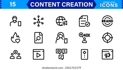 Content Creation Icon Set, Modern, Minimal, and Versatile Outline Icons for Digital Marketing and Creative Projects