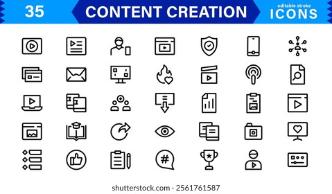 Content Creation Icon Set, Modern, Minimal, and Versatile Outline Icons for Digital Marketing and Creative Projects