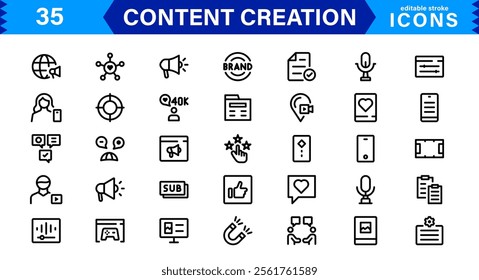 Content Creation Icon Set, Modern, Minimal, and Versatile Outline Icons for Digital Marketing and Creative Projects