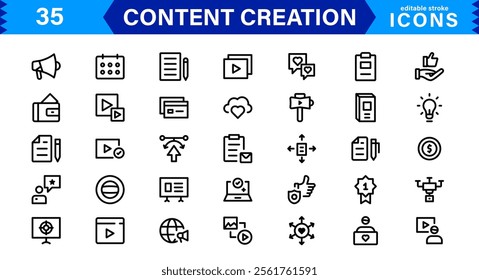 Content Creation Icon Set, Modern, Minimal, and Versatile Outline Icons for Digital Marketing and Creative Projects