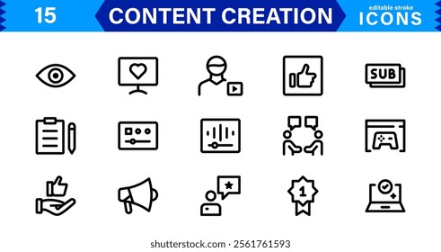 Content Creation Icon Set, Modern, Minimal, and Versatile Outline Icons for Digital Marketing and Creative Projects