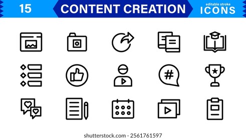 Content Creation Icon Set, Modern, Minimal, and Versatile Outline Icons for Digital Marketing and Creative Projects