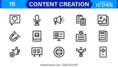 Content Creation Icon Set, Modern, Minimal, and Versatile Outline Icons for Digital Marketing and Creative Projects