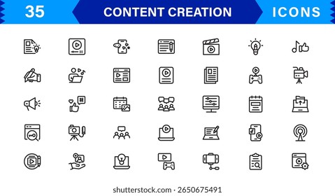 Conjunto de iconos de creación de contenido, iconos de contorno modernos, mínimos y versátiles para marketing digital y proyectos creativos