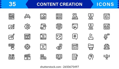 Content Creation Icon Set, Modern, Minimal, and Versatile Outline Icons for Digital Marketing and Creative Projects