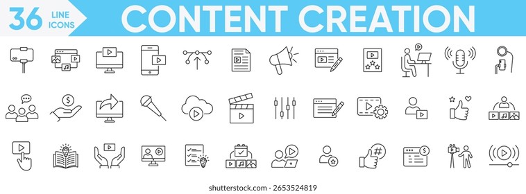 Criação de conteúdo ícone set.blogger, podcast, blogging, fotografia, aprendizagem, live streaming, conteúdo de mídia, rede social, assinatura e muito mais.Vetor e ilustrador conjunto.