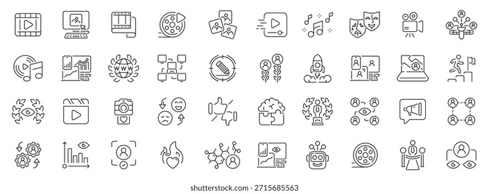 Conjunto de iconos de creación de contenido. iconos de línea editables, estilo plano, multimedia, herramientas digitales