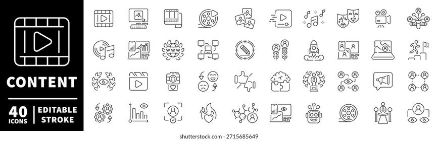 Conjunto de iconos de creación de contenido. iconos de línea editables, estilo plano, multimedia, herramientas digitales