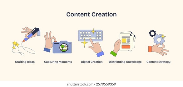 Content creation involves hands with pen, camera, and keyboard, symbolizing ideas, moments, and digital work. Neubrutalism hands concept