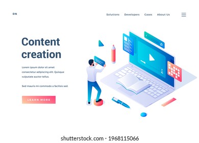 Content creation. Isometric vector web banner. Man standing in front of huge laptop and making content for blog. Writing and editing texts. Copywriting and content marketing. Blogging, article writing